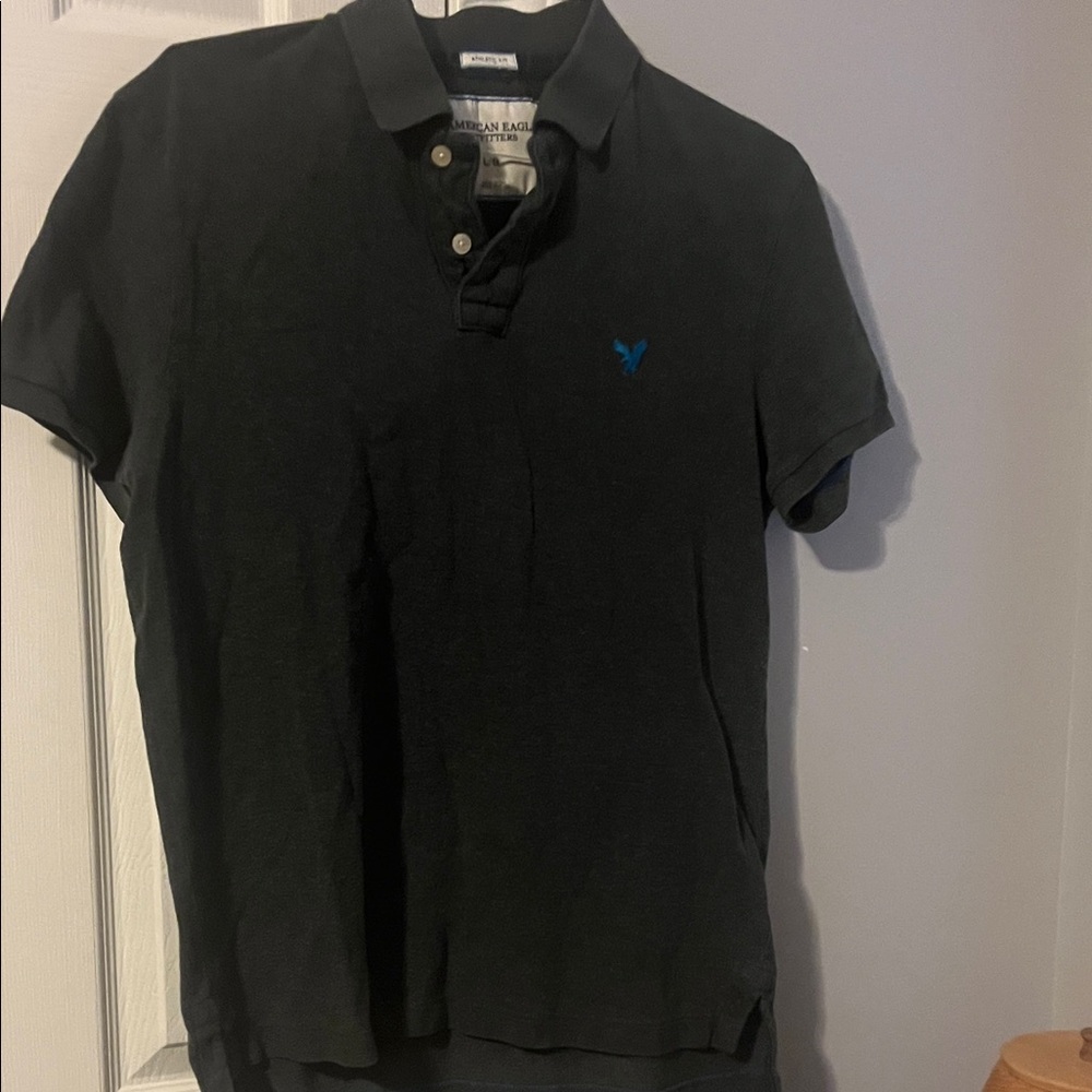 American Eagle Outfitters Men's Polo Shirt in Black with Blue Logo